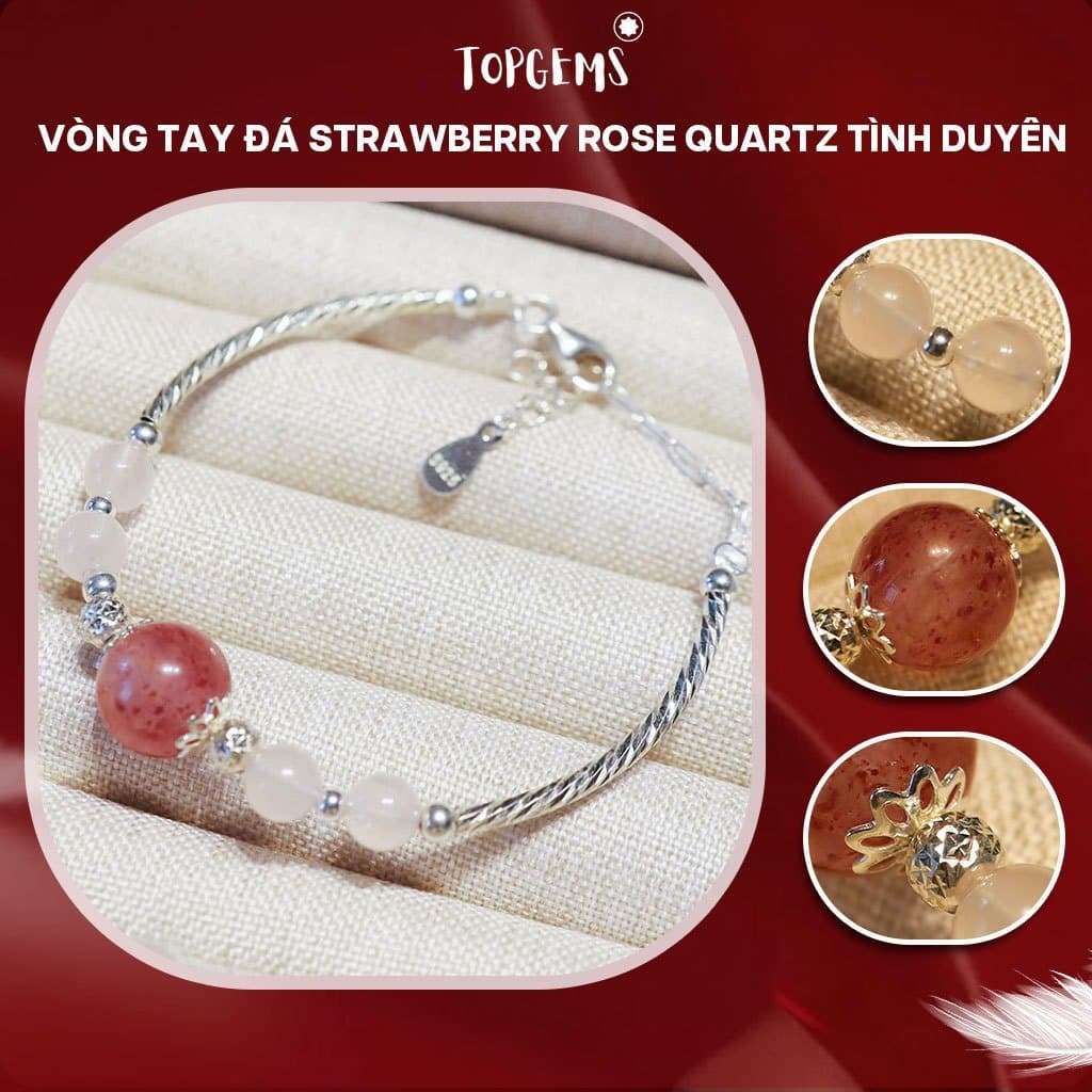 Vòng Tay Charm Bạc 925 Thạch Anh Dâu Tây TOPGEMS Dạng Kiềng Charm Bạc mix Đá Phong Thuỷ Dây Co Giãn BH 12 tháng V632B - Ảnh bìa