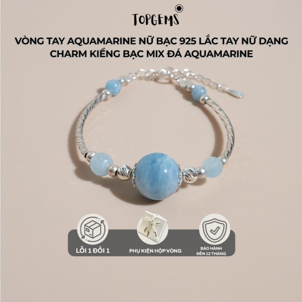 Vòng Tay Aquamarine Nữ Bạc 925 TOPGEMS Lắc Tay Nữ Dạng Charm Kiềng Bạc mix Đá Aquamarine V618B - Ảnh bìa