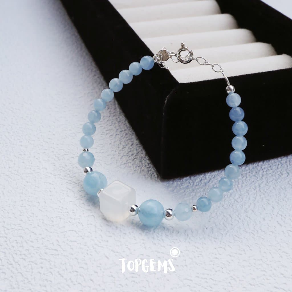 [TẶNG KÈM HỘP] Chuỗi Vòng Tay Aquamarine Mix Agate Mã Não Trắng Charm Bạc 925 TOPGEMS