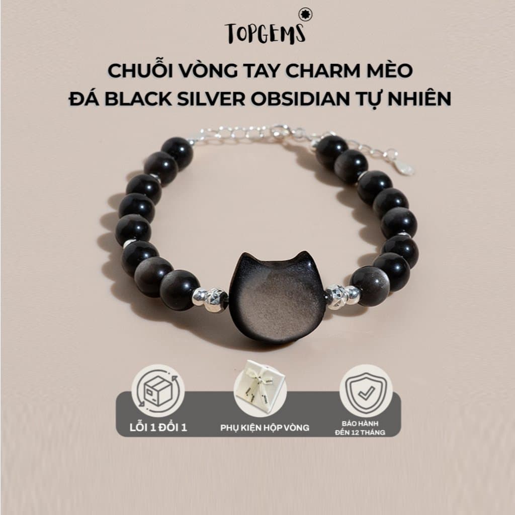 Chuỗi Vòng Tay Charm Mèo Đá Black Silver Obsidian Tự Nhiên Dòng Đá Mắt Mèo Đen Ánh Bạc Mix Bạc 925 TOPGEMS