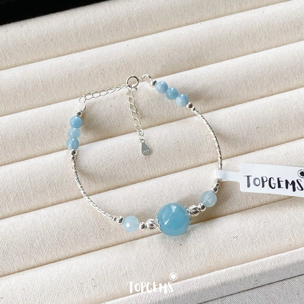 Vòng Tay Aquamarine Nữ Bạc 925 TOPGEMS Lắc Tay Nữ Dạng Charm Kiềng Bạc mix Đá Aquamarine