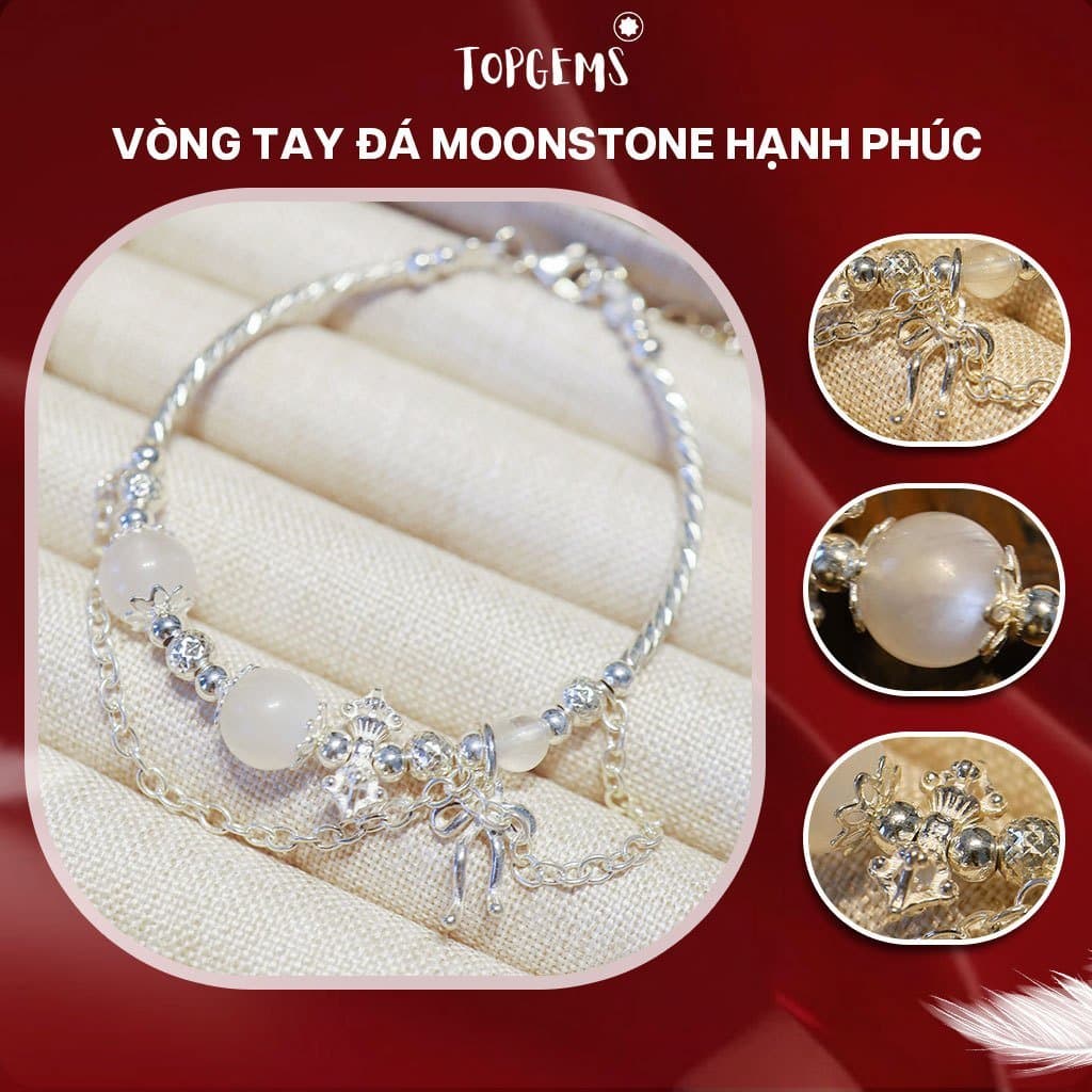 Vòng Tay Đá Moonstone Tông Trắng Ánh Xanh Mix Bạc 925 Phong Cách Thanh Lịch V628B - Ảnh bìa