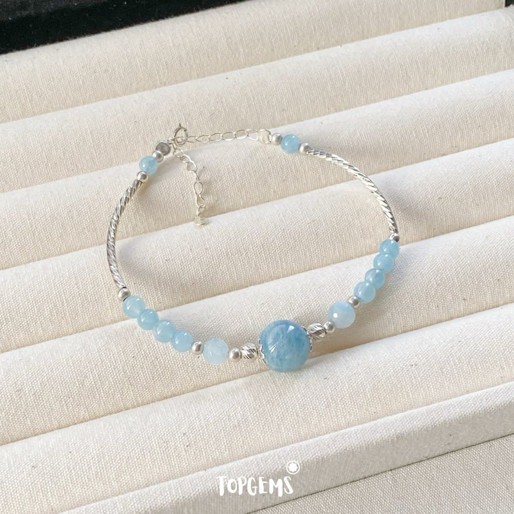 Vòng Tay Aquamarine Nữ Bạc 925 TOPGEMS Lắc Tay Nữ Dạng Charm Kiềng Bạc mix Đá Aquamarine X003 - Ảnh bìa